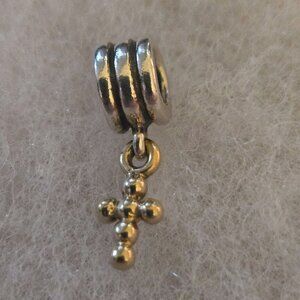 Pandora Sterling Silver bead with 14K Gold Cross Dangle Charm